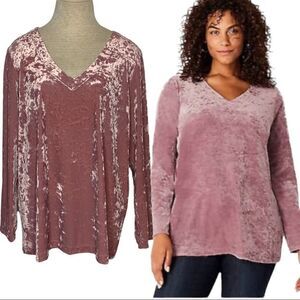 Pink Crushed Velvet Top NWT J JILL Knit V Neck Large Petite Dusty Rose Tunic